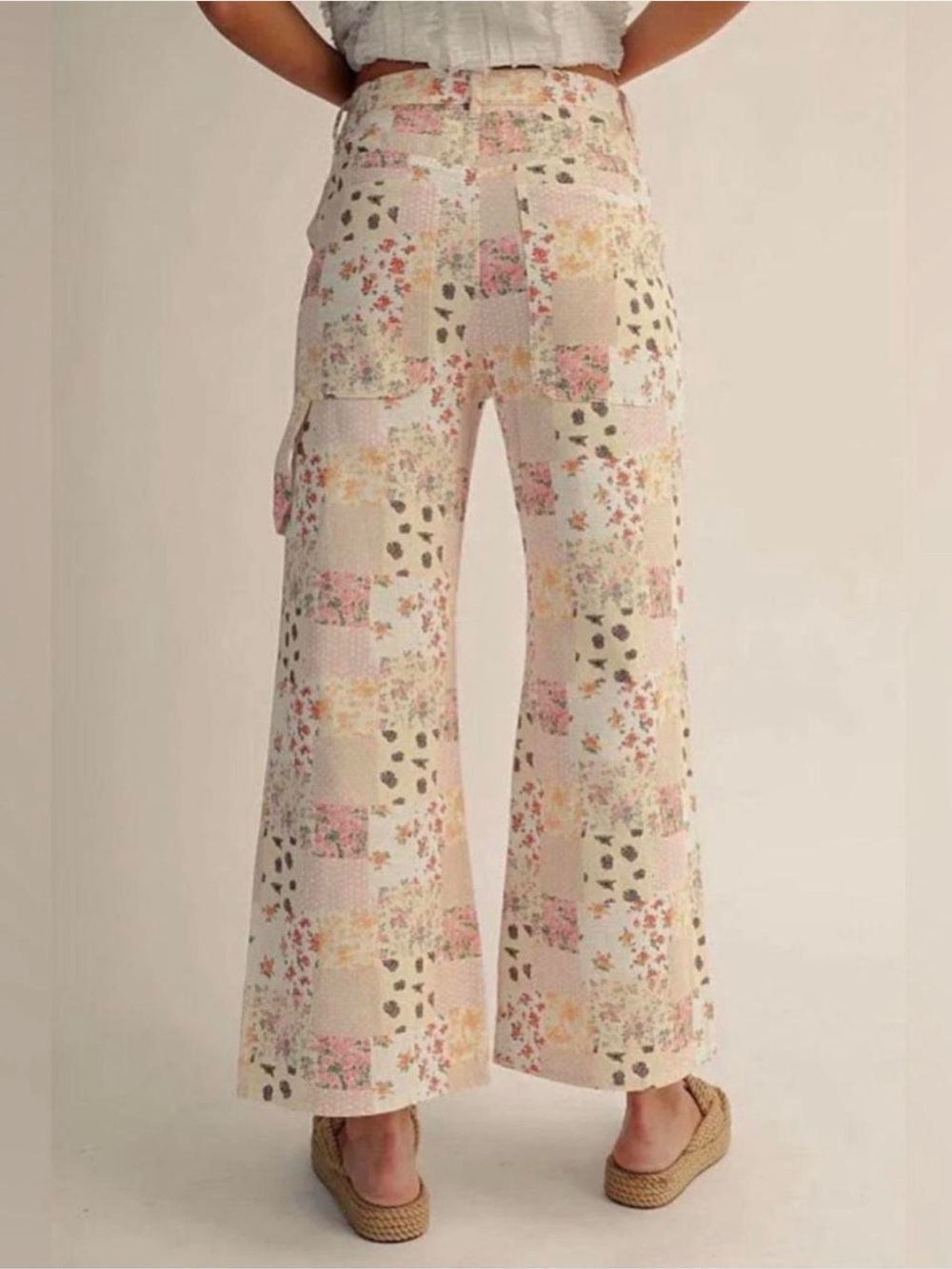 Pastel Floral Patchwork Wide-Leg Pants in Cream & Pastel - Picture 3 of 7